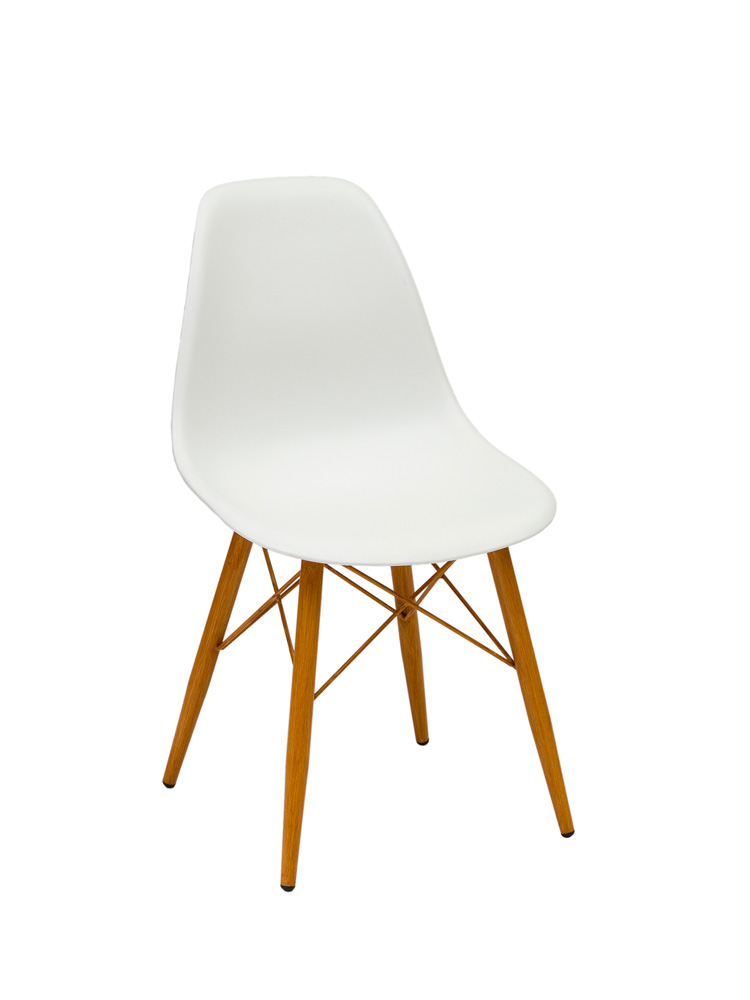 Silla Ceylan con patas de acero en imitación madera asiento PP blanco