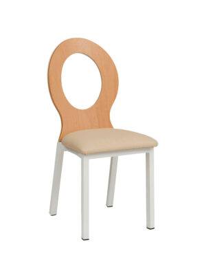 Silla Óvalo con patas de acero en color blanco texturado y respaldo barnizado natural