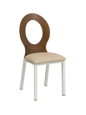 Silla Óvalo con patas de acero en color blanco texturado y respaldo barnizado nogal
